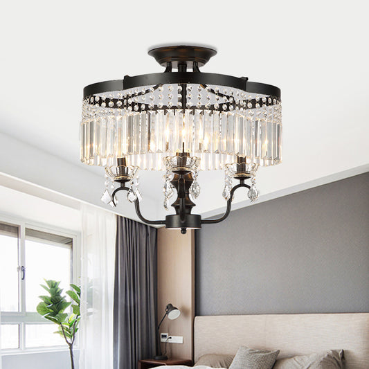 Iron Floral Frame Semi Flush Chandelier Transitional 4/6-Light Ceiling Lamp with Crystal Cascade in Black/Gold Clearhalo 'Ceiling Lights' 'Close To Ceiling Lights' 'Close to ceiling' 'Semi-flushmount' Lighting' 560912