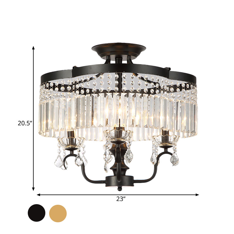 Iron Floral Frame Semi Flush Chandelier Transitional 4/6-Light Ceiling Lamp with Crystal Cascade in Black/Gold Clearhalo 'Ceiling Lights' 'Close To Ceiling Lights' 'Close to ceiling' 'Semi-flushmount' Lighting' 560914