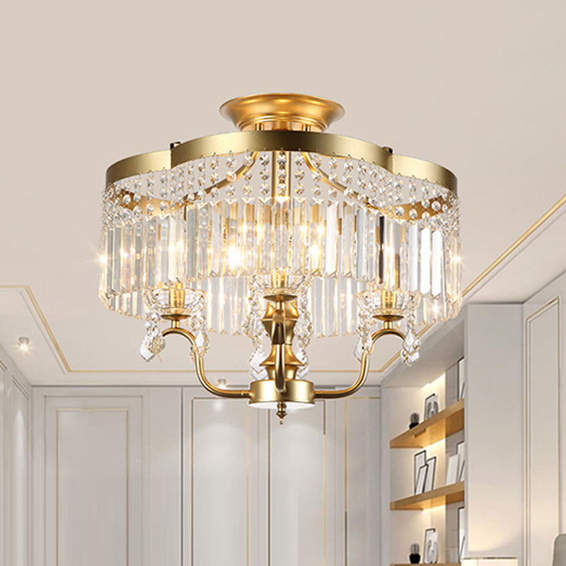 Iron Floral Frame Semi Flush Chandelier Transitional 4/6-Light Ceiling Lamp with Crystal Cascade in Black/Gold 4 Gold Clearhalo 'Ceiling Lights' 'Close To Ceiling Lights' 'Close to ceiling' 'Semi-flushmount' Lighting' 560915