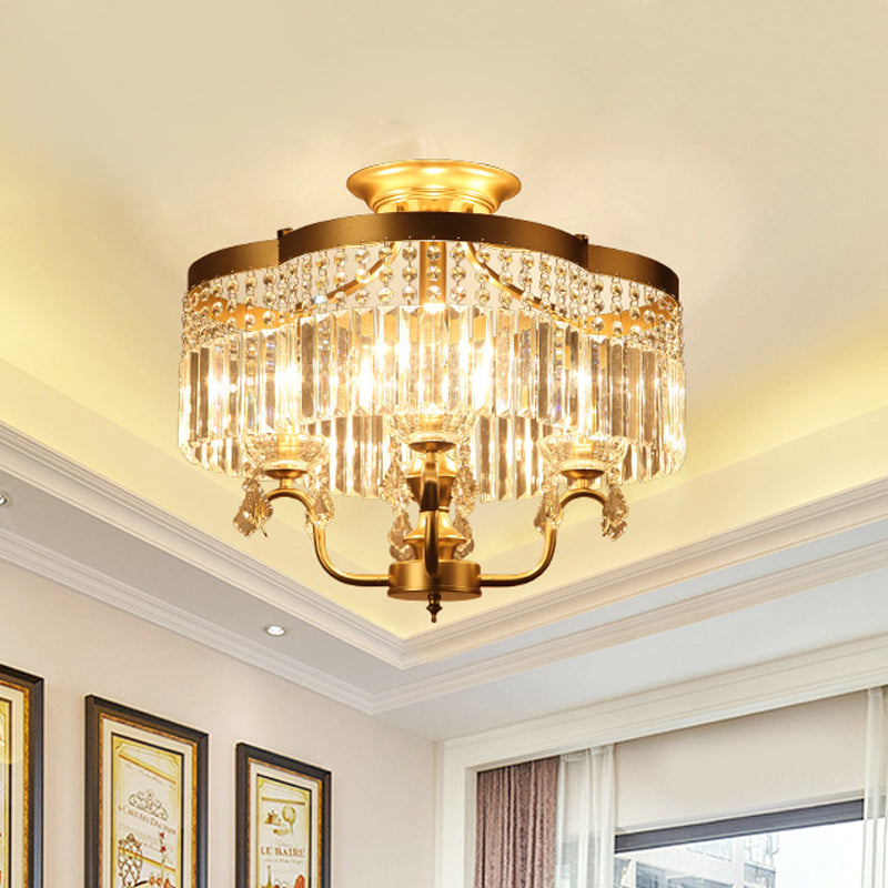 Iron Floral Frame Semi Flush Chandelier Transitional 4/6-Light Ceiling Lamp with Crystal Cascade in Black/Gold Clearhalo 'Ceiling Lights' 'Close To Ceiling Lights' 'Close to ceiling' 'Semi-flushmount' Lighting' 560916