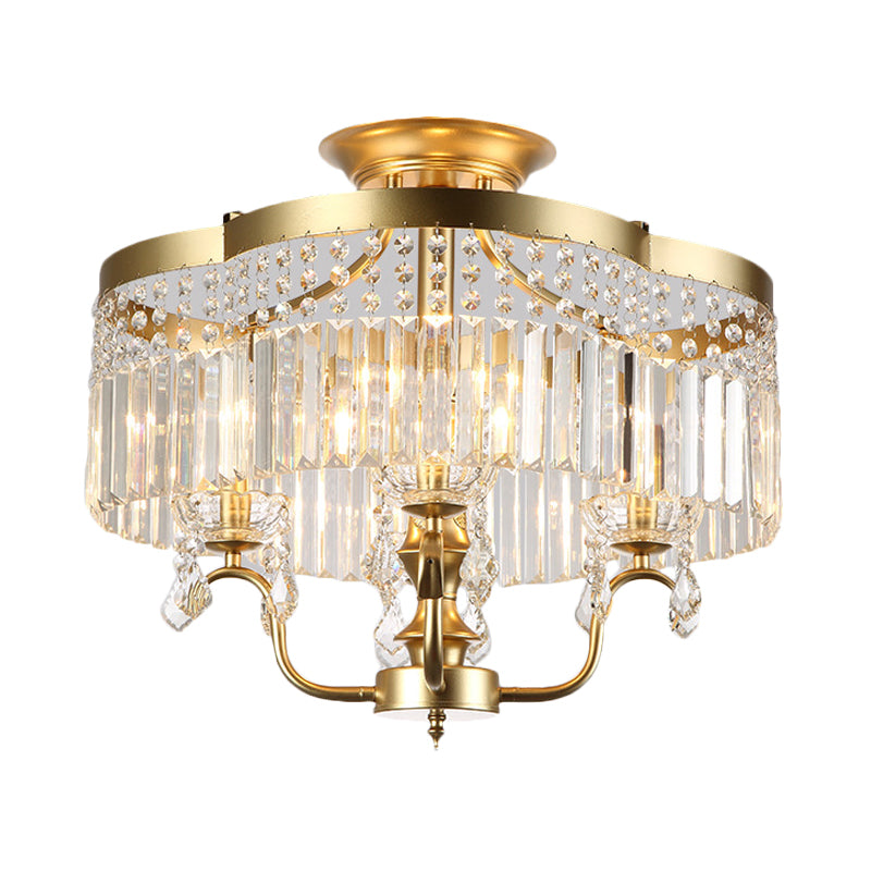 Iron Floral Frame Semi Flush Chandelier Transitional 4/6-Light Ceiling Lamp with Crystal Cascade in Black/Gold Clearhalo 'Ceiling Lights' 'Close To Ceiling Lights' 'Close to ceiling' 'Semi-flushmount' Lighting' 560917