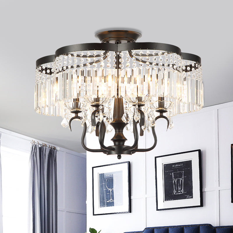 Iron Floral Frame Semi Flush Chandelier Transitional 4/6-Light Ceiling Lamp with Crystal Cascade in Black/Gold 6 Black Clearhalo 'Ceiling Lights' 'Close To Ceiling Lights' 'Close to ceiling' 'Semi-flushmount' Lighting' 560919