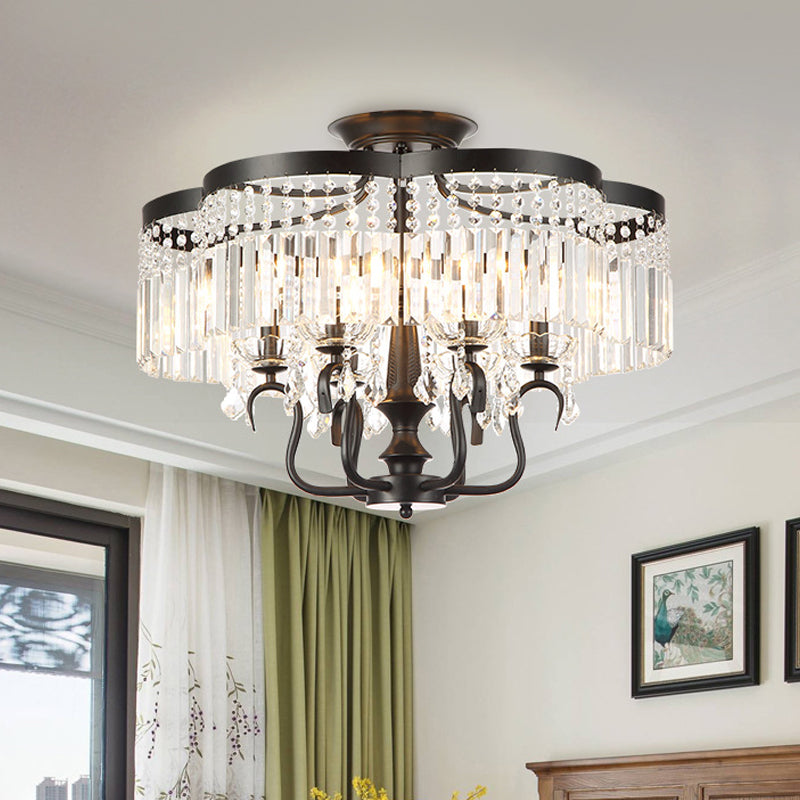 Iron Floral Frame Semi Flush Chandelier Transitional 4/6-Light Ceiling Lamp with Crystal Cascade in Black/Gold Clearhalo 'Ceiling Lights' 'Close To Ceiling Lights' 'Close to ceiling' 'Semi-flushmount' Lighting' 560920