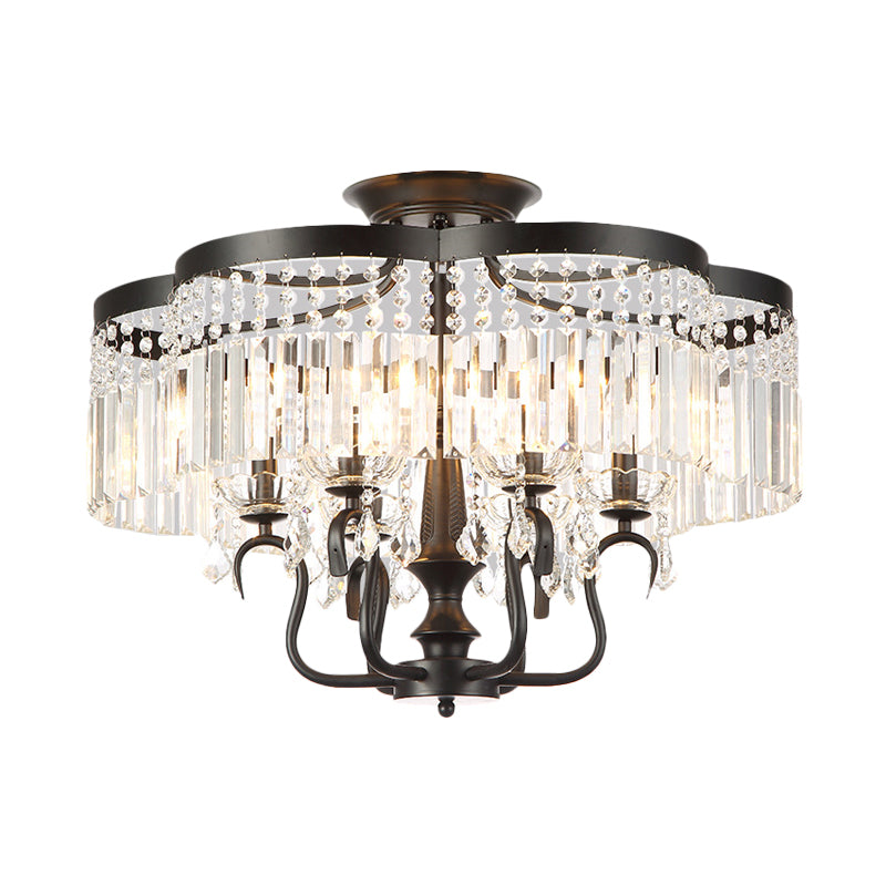 Iron Floral Frame Semi Flush Chandelier Transitional 4/6-Light Ceiling Lamp with Crystal Cascade in Black/Gold Clearhalo 'Ceiling Lights' 'Close To Ceiling Lights' 'Close to ceiling' 'Semi-flushmount' Lighting' 560922