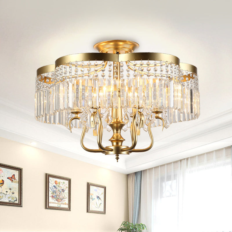 Iron Floral Frame Semi Flush Chandelier Transitional 4/6-Light Ceiling Lamp with Crystal Cascade in Black/Gold 6 Gold Clearhalo 'Ceiling Lights' 'Close To Ceiling Lights' 'Close to ceiling' 'Semi-flushmount' Lighting' 560924