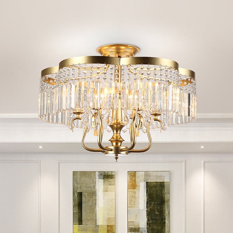 Iron Floral Frame Semi Flush Chandelier Transitional 4/6-Light Ceiling Lamp with Crystal Cascade in Black/Gold Clearhalo 'Ceiling Lights' 'Close To Ceiling Lights' 'Close to ceiling' 'Semi-flushmount' Lighting' 560925