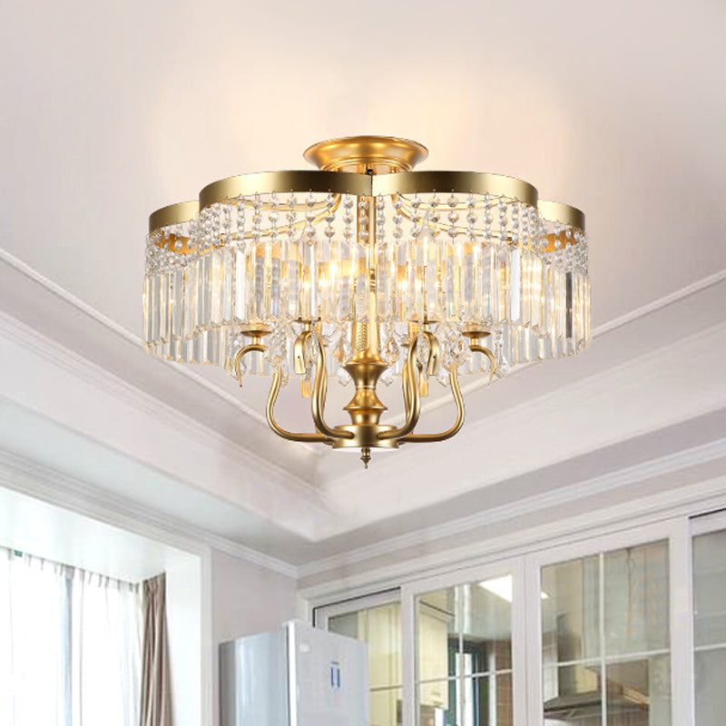 Iron Floral Frame Semi Flush Chandelier Transitional 4/6-Light Ceiling Lamp with Crystal Cascade in Black/Gold Clearhalo 'Ceiling Lights' 'Close To Ceiling Lights' 'Close to ceiling' 'Semi-flushmount' Lighting' 560926