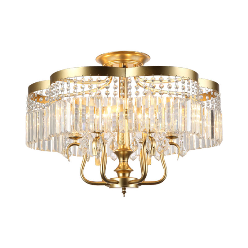 Iron Floral Frame Semi Flush Chandelier Transitional 4/6-Light Ceiling Lamp with Crystal Cascade in Black/Gold Clearhalo 'Ceiling Lights' 'Close To Ceiling Lights' 'Close to ceiling' 'Semi-flushmount' Lighting' 560927