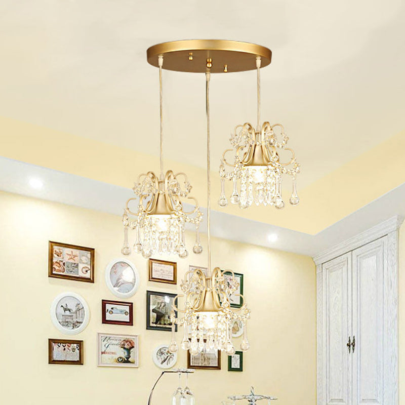 Golden Flared Semi Flush Light Traditional 3 Heads Metallic Dining Room Close to Ceiling Light with Crystal Draping Clearhalo 'Ceiling Lights' 'Close To Ceiling Lights' 'Close to ceiling' Lighting' 560944