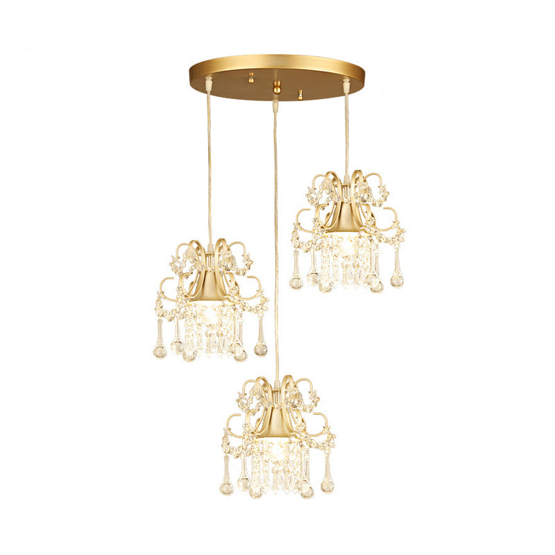 Golden Flared Semi Flush Light Traditional 3 Heads Metallic Dining Room Close to Ceiling Light with Crystal Draping Clearhalo 'Ceiling Lights' 'Close To Ceiling Lights' 'Close to ceiling' Lighting' 560945