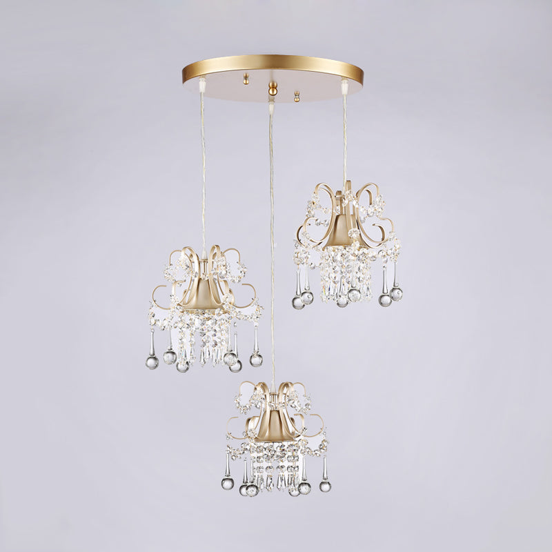 Golden Flared Semi Flush Light Traditional 3 Heads Metallic Dining Room Close to Ceiling Light with Crystal Draping Clearhalo 'Ceiling Lights' 'Close To Ceiling Lights' 'Close to ceiling' Lighting' 560946