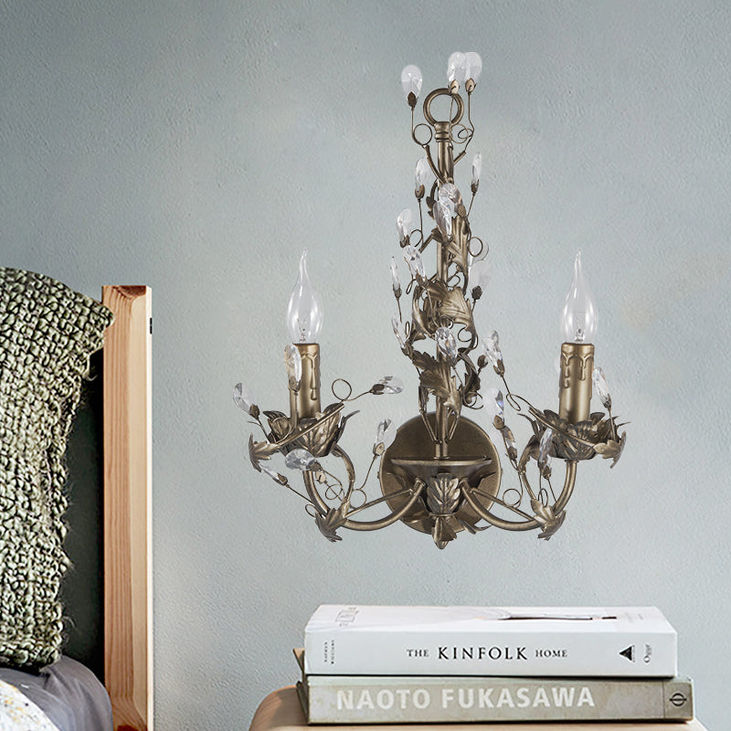 Metal Rust Wall Light Fixture Candelabra 2 Lights Vintage Sconce Light with Crystal Accent Rust Clearhalo 'Wall Lamps & Sconces' 'Wall Lights' Lighting' 561023