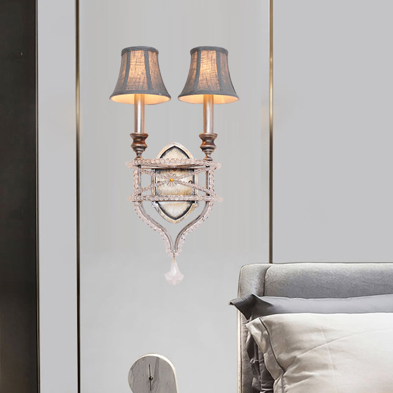 2 Lights Empire Shade Wall Light Vintage Gold/Silver Fabric Sconce Light with Crystal Accent Clearhalo 'Wall Lamps & Sconces' 'Wall Lights' Lighting' 561049