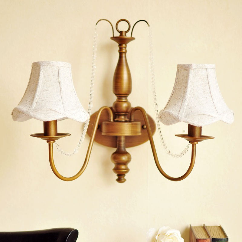 Brass Candle Wall Sconce Light Vintage Metal 2 Lights Bedroom Wall Mount Light with Shade/Shadeless Brass With Shade Clearhalo 'Wall Lamps & Sconces' 'Wall Lights' Lighting' 561057