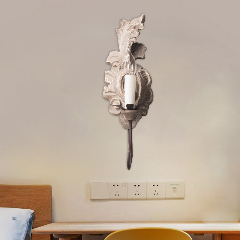 1 Light Candle Wall Light Fixture Vintage Grey Wood Sconce Light with Flame Backplate Grey Clearhalo 'Wall Lamps & Sconces' 'Wall Lights' Lighting' 561075