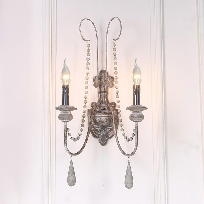 2 Lights Wood Sconce Light Fixture Vintage Grey Candelabra Bedroom Wall Mounted Light Grey Clearhalo 'Wall Lamps & Sconces' 'Wall Lights' Lighting' 561085