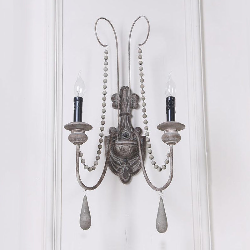 2 Lights Wood Sconce Light Fixture Vintage Grey Candelabra Bedroom Wall Mounted Light Clearhalo 'Wall Lamps & Sconces' 'Wall Lights' Lighting' 561086