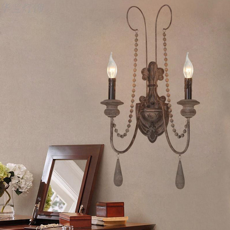 2 Lights Wood Sconce Light Fixture Vintage Grey Candelabra Bedroom Wall Mounted Light Clearhalo 'Wall Lamps & Sconces' 'Wall Lights' Lighting' 561087