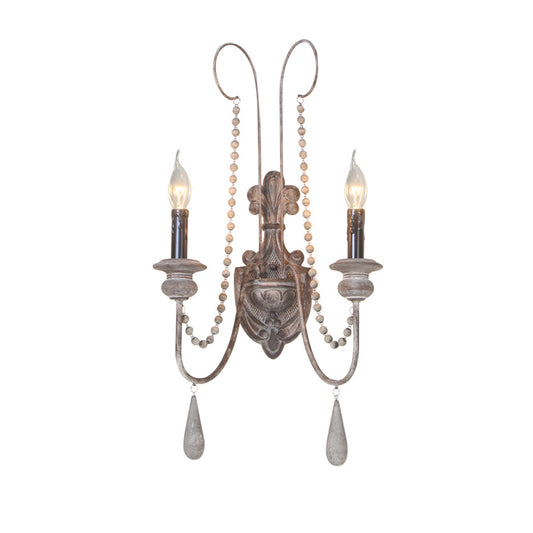 2 Lights Wood Sconce Light Fixture Vintage Grey Candelabra Bedroom Wall Mounted Light Clearhalo 'Wall Lamps & Sconces' 'Wall Lights' Lighting' 561088