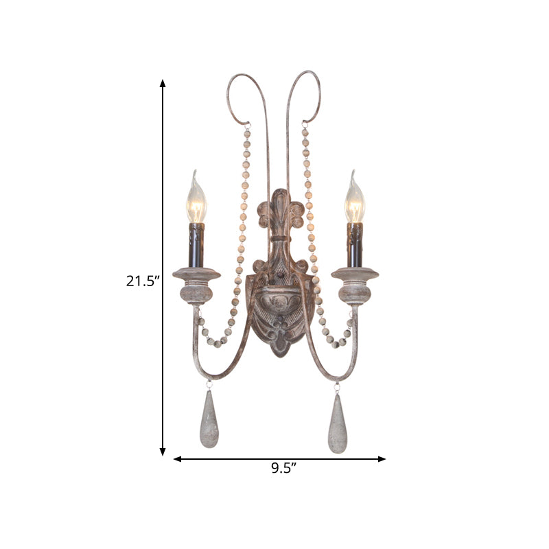 2 Lights Wood Sconce Light Fixture Vintage Grey Candelabra Bedroom Wall Mounted Light Clearhalo 'Wall Lamps & Sconces' 'Wall Lights' Lighting' 561089