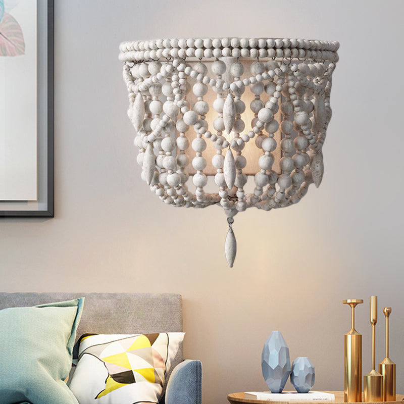 White Beaded Wall Mount Light Vintage Wood 1 Light Living Room Sconce Light Fixture Clearhalo 'Wall Lamps & Sconces' 'Wall Lights' Lighting' 561091