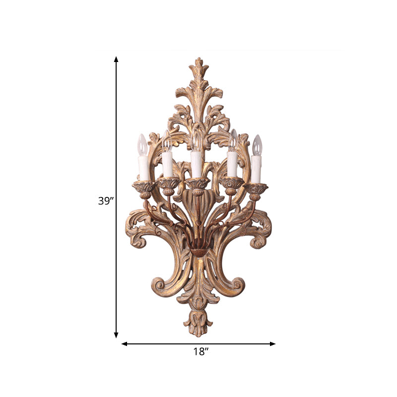 5 Lights Candle Sconce Light Vintage Wood Finish Metal Wall Mounted Light with Flower Grain Backplate Clearhalo 'Wall Lamps & Sconces' 'Wall Lights' Lighting' 561099