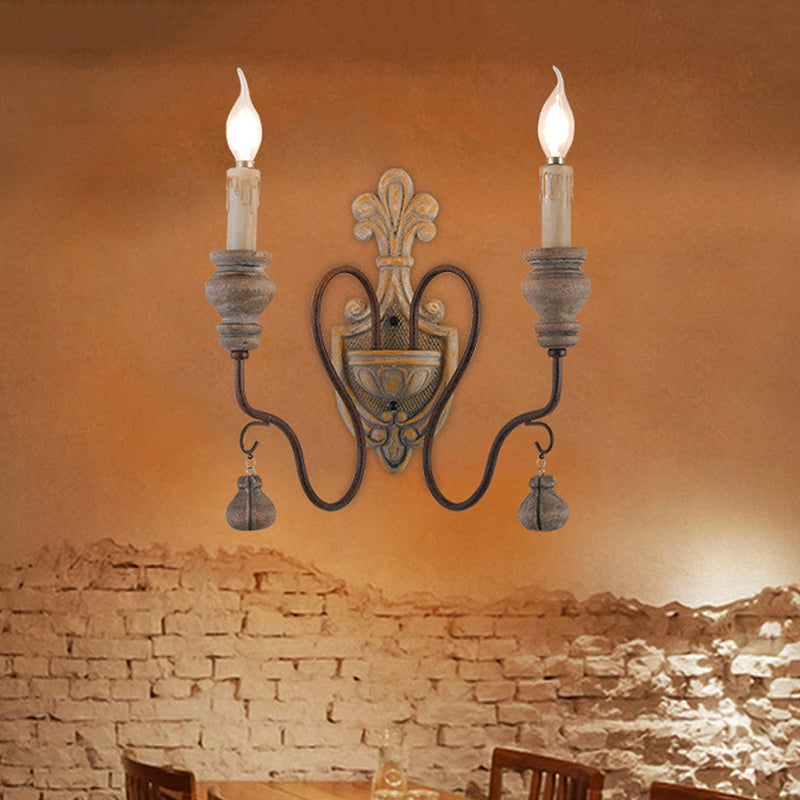 Distressed Wood Curved Arm Wall Lamp Vintage Metal 1/2 Lights Dining Room Sconce Light 2.0 Distressed Wood Clearhalo 'Wall Lamps & Sconces' 'Wall Lights' Lighting' 561148