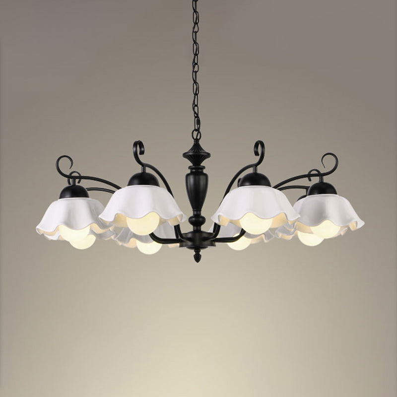 3/6/8 Bulbs Ceiling Lamp with Scalloped Shade Ceramic Traditional Dining Room Chandelier Pendant Light in Black Clearhalo 'Ceiling Lights' 'Chandeliers' Lighting' options 561249