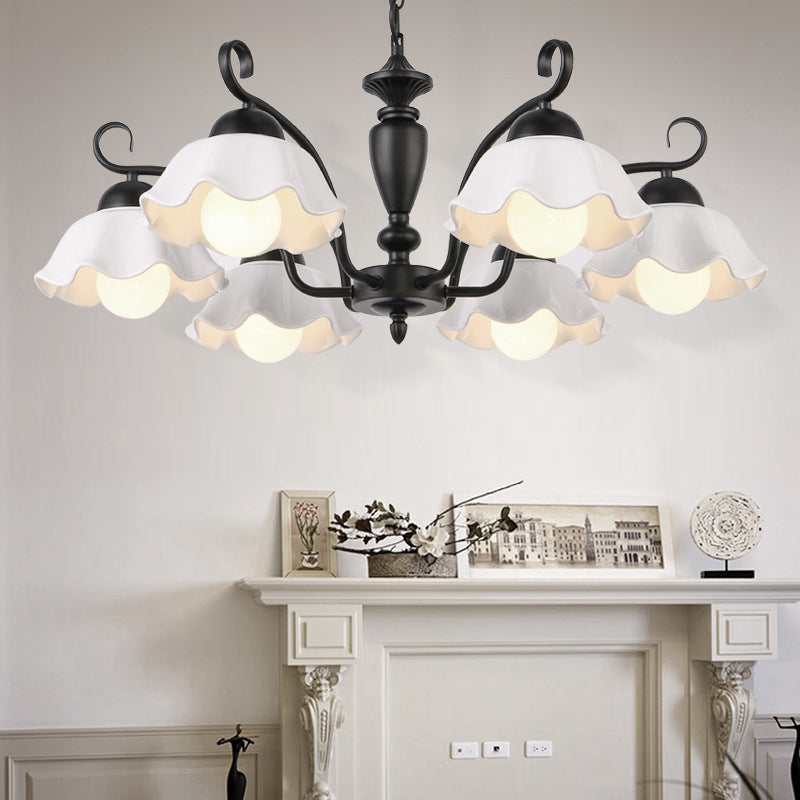 3/6/8 Bulbs Ceiling Lamp with Scalloped Shade Ceramic Traditional Dining Room Chandelier Pendant Light in Black Clearhalo 'Ceiling Lights' 'Chandeliers' Lighting' options 561251