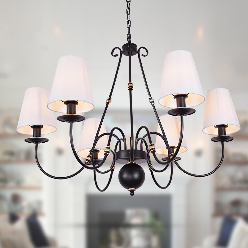 Swirled Arm Living Room Ceiling Chandelier Classic Fabric 3/4/6 Lights Black Hanging Fixture with Cone Shade 6 Black Clearhalo 'Ceiling Lights' 'Chandeliers' Lighting' options 561715_60ba3263-b6c3-4820-b672-5dff2a24d4be