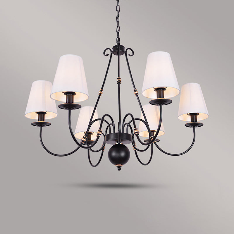 Swirled Arm Living Room Ceiling Chandelier Classic Fabric 3/4/6 Lights Black Hanging Fixture with Cone Shade Clearhalo 'Ceiling Lights' 'Chandeliers' Lighting' options 561718