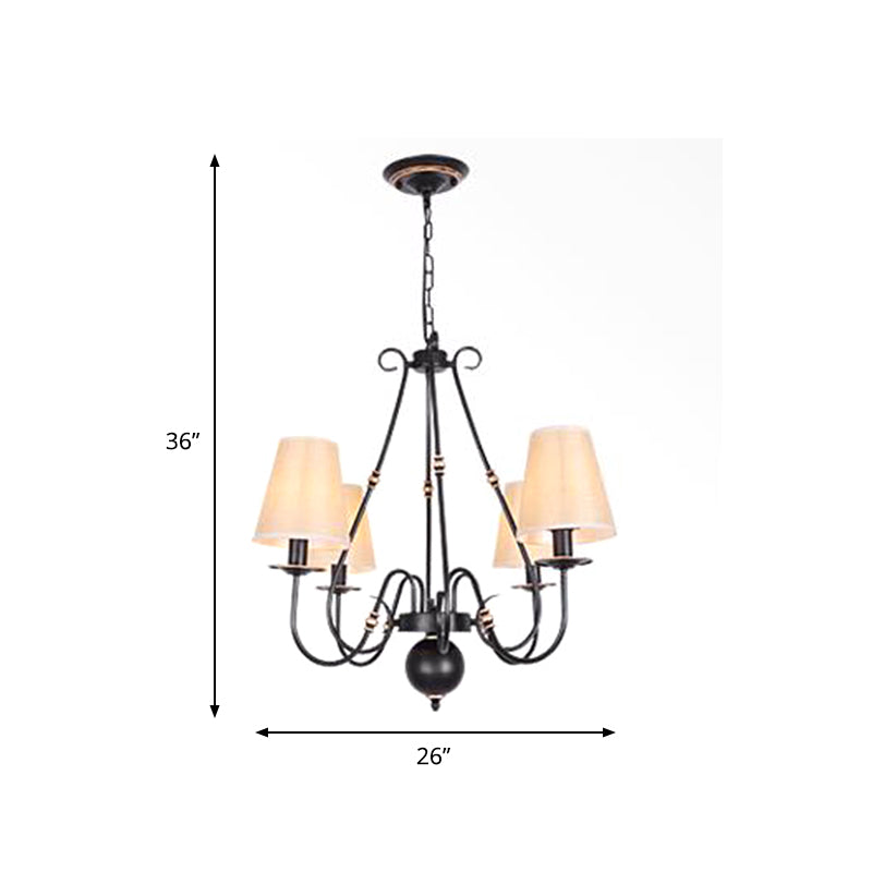 Swirled Arm Living Room Ceiling Chandelier Classic Fabric 3/4/6 Lights Black Hanging Fixture with Cone Shade Clearhalo 'Ceiling Lights' 'Chandeliers' Lighting' options 561726