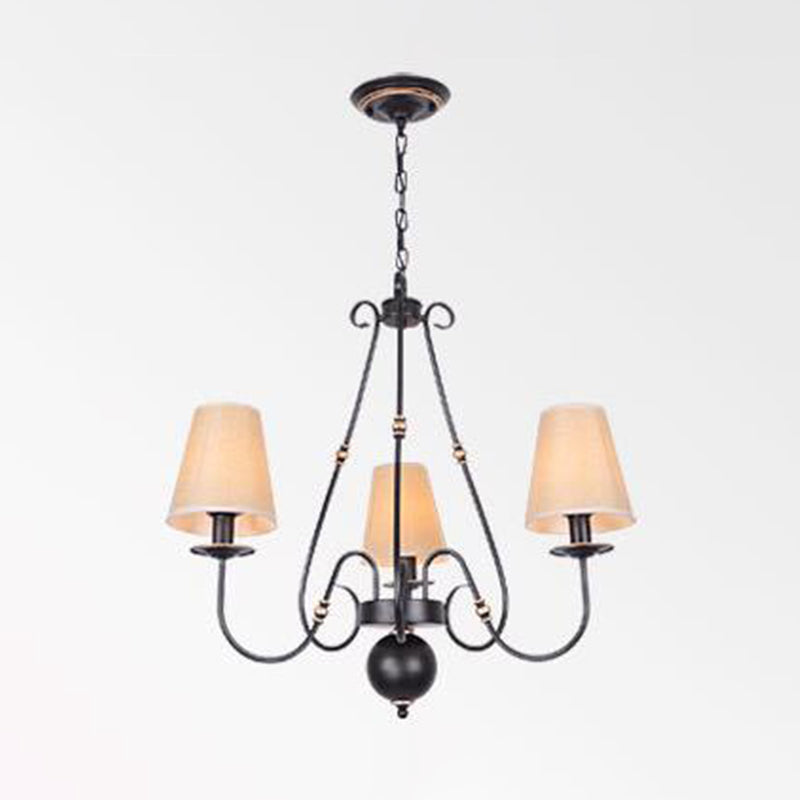 Swirled Arm Living Room Ceiling Chandelier Classic Fabric 3/4/6 Lights Black Hanging Fixture with Cone Shade Clearhalo 'Ceiling Lights' 'Chandeliers' Lighting' options 561729