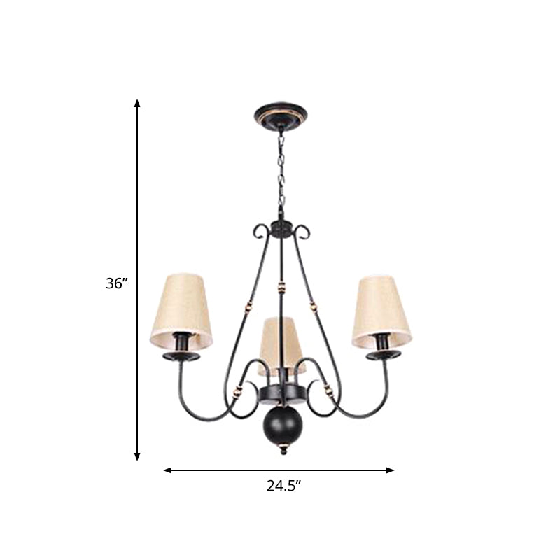 Swirled Arm Living Room Ceiling Chandelier Classic Fabric 3/4/6 Lights Black Hanging Fixture with Cone Shade Clearhalo 'Ceiling Lights' 'Chandeliers' Lighting' options 561730