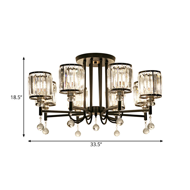 Black Cylinder Semi Flush Ceiling Light Modernist Clear Crystal 3/6/8 Heads Ceiling Lamp for Bedroom Clearhalo 'Ceiling Lights' 'Close To Ceiling Lights' 'Close to ceiling' 'Semi-flushmount' Lighting' 561735