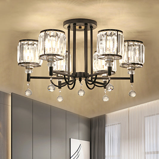 Black Cylinder Semi Flush Ceiling Light Modernist Clear Crystal 3/6/8 Heads Ceiling Lamp for Bedroom Clearhalo 'Ceiling Lights' 'Close To Ceiling Lights' 'Close to ceiling' 'Semi-flushmount' Lighting' 561737