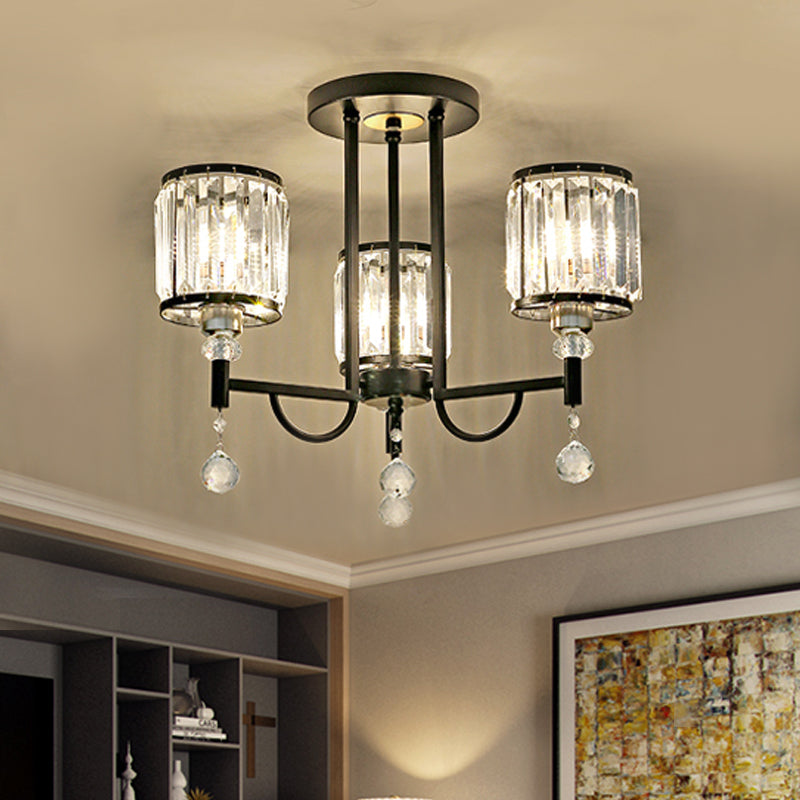 Black Cylinder Semi Flush Ceiling Light Modernist Clear Crystal 3/6/8 Heads Ceiling Lamp for Bedroom Clearhalo 'Ceiling Lights' 'Close To Ceiling Lights' 'Close to ceiling' 'Semi-flushmount' Lighting' 561741