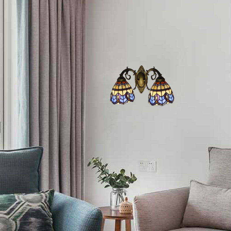 Baroque Design Wall Light Stained Glass 2 Heads Tiffany Style Beige Glass Wall Sconce for Bedroom Beige 16" Clearhalo 'Industrial' 'Middle century wall lights' 'Tiffany wall lights' 'Tiffany' 'Wall Lamps & Sconces' 'Wall Lights' Lighting' 57028