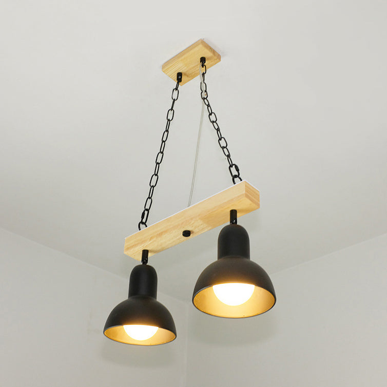 2/3 Heads Dome Island Lighting Modern Style Black/White Metal Hanging Light with Wooden Beam for Kitchen 2 Black Clearhalo 'Ceiling Lights' 'Island Lights' Lighting' 58391