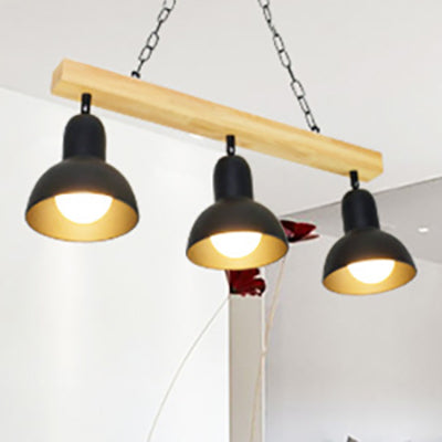 2/3 Heads Dome Island Lighting Modern Style Black/White Metal Hanging Light with Wooden Beam for Kitchen 3 Black Clearhalo 'Ceiling Lights' 'Island Lights' Lighting' 58396