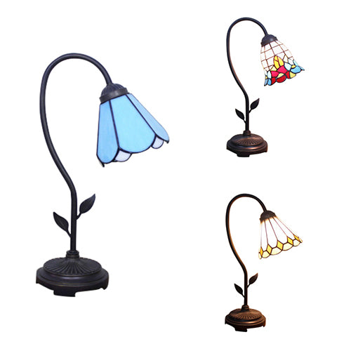 Blue/Red/Yellow Cone/Bell Shade Table Lamp Tiffany Stylish 1 Light Stainless Glass Table Lighting with Curved Arm Clearhalo 'Lamps' 'Table Lamps' Lighting' 58923