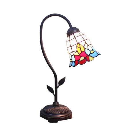 Blue/Red/Yellow Cone/Bell Shade Table Lamp Tiffany Stylish 1 Light Stainless Glass Table Lighting with Curved Arm Clearhalo 'Lamps' 'Table Lamps' Lighting' 58932