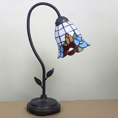 Blue/Red/Yellow Cone/Bell Shade Table Lamp Tiffany Stylish 1 Light Stainless Glass Table Lighting with Curved Arm Clearhalo 'Lamps' 'Table Lamps' Lighting' 58934