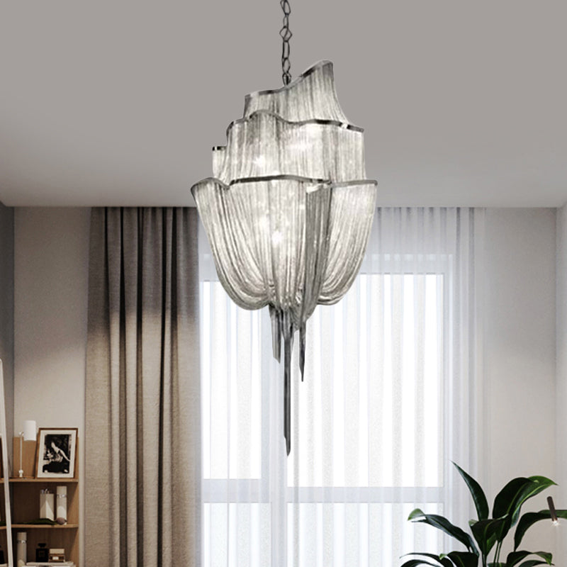 Multi Tiers Hanging Light with Tassel Modern Metal 7/8 Lights Silver Chandelier Light Fixture for Living Room 7 Silver Clearhalo 'Ceiling Lights' 'Chandeliers' 'Modern Chandeliers' 'Modern' Lighting' 597316