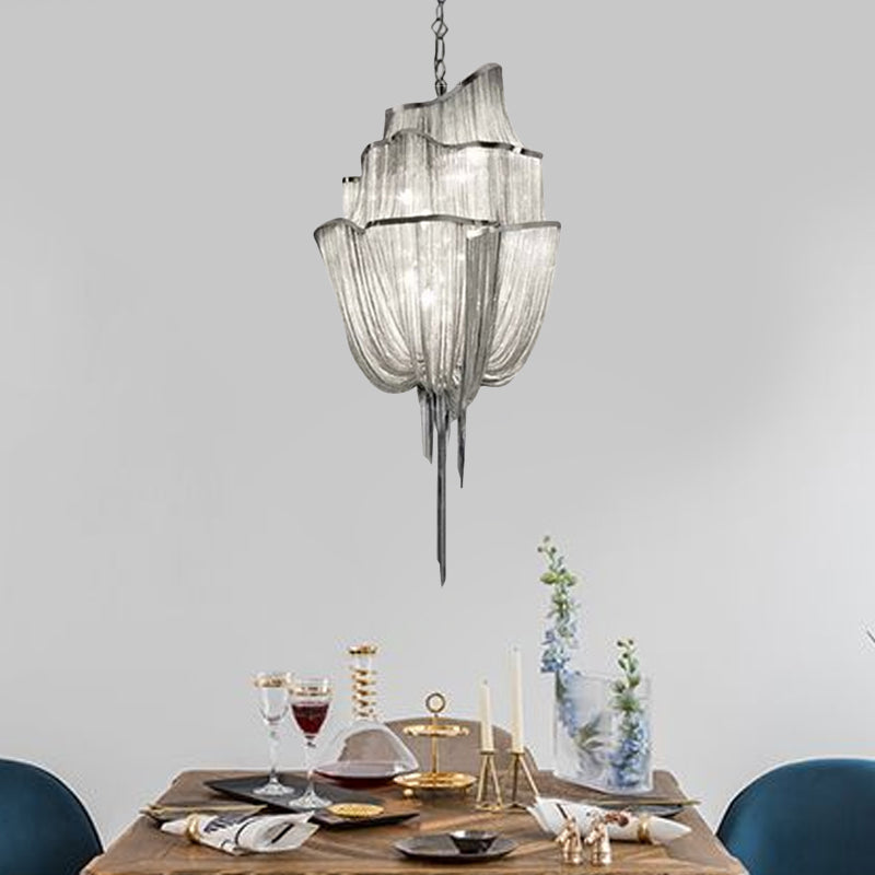 Multi Tiers Hanging Light with Tassel Modern Metal 7/8 Lights Silver Chandelier Light Fixture for Living Room Clearhalo 'Ceiling Lights' 'Chandeliers' 'Modern Chandeliers' 'Modern' Lighting' 597317