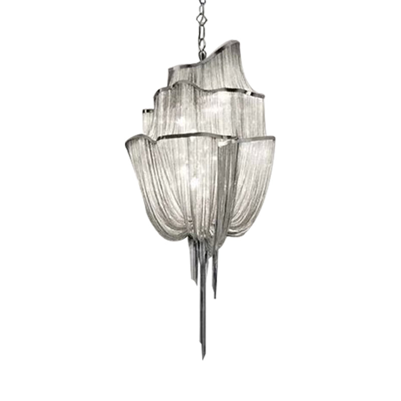 Multi Tiers Hanging Light with Tassel Modern Metal 7/8 Lights Silver Chandelier Light Fixture for Living Room Clearhalo 'Ceiling Lights' 'Chandeliers' 'Modern Chandeliers' 'Modern' Lighting' 597318