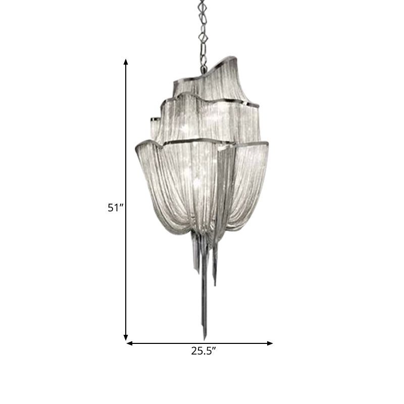 Multi Tiers Hanging Light with Tassel Modern Metal 7/8 Lights Silver Chandelier Light Fixture for Living Room Clearhalo 'Ceiling Lights' 'Chandeliers' 'Modern Chandeliers' 'Modern' Lighting' 597319