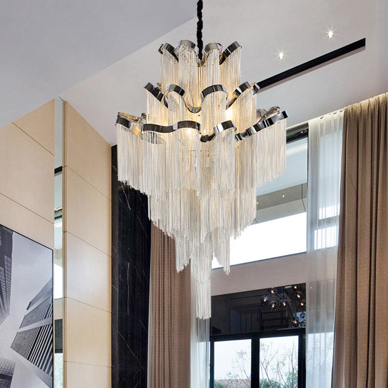 Multi Tiers Hanging Light with Tassel Modern Metal 7/8 Lights Silver Chandelier Light Fixture for Living Room 8 Silver Clearhalo 'Ceiling Lights' 'Chandeliers' 'Modern Chandeliers' 'Modern' Lighting' 597320