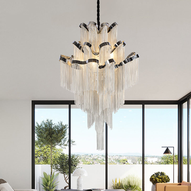 Multi Tiers Hanging Light with Tassel Modern Metal 7/8 Lights Silver Chandelier Light Fixture for Living Room Clearhalo 'Ceiling Lights' 'Chandeliers' 'Modern Chandeliers' 'Modern' Lighting' 597321