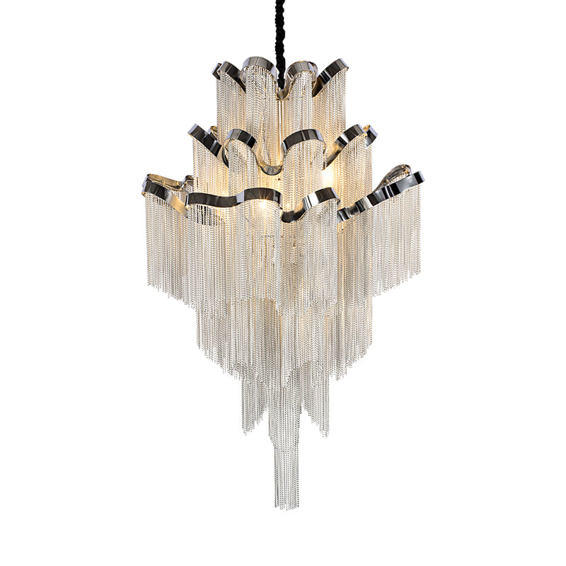 Multi Tiers Hanging Light with Tassel Modern Metal 7/8 Lights Silver Chandelier Light Fixture for Living Room Clearhalo 'Ceiling Lights' 'Chandeliers' 'Modern Chandeliers' 'Modern' Lighting' 597322